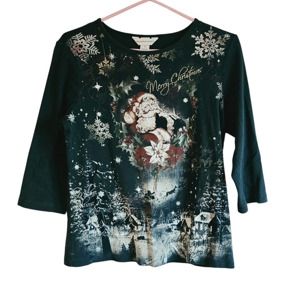 Christopher & Banks green santa 3/4 sleeve shirt size medium womens